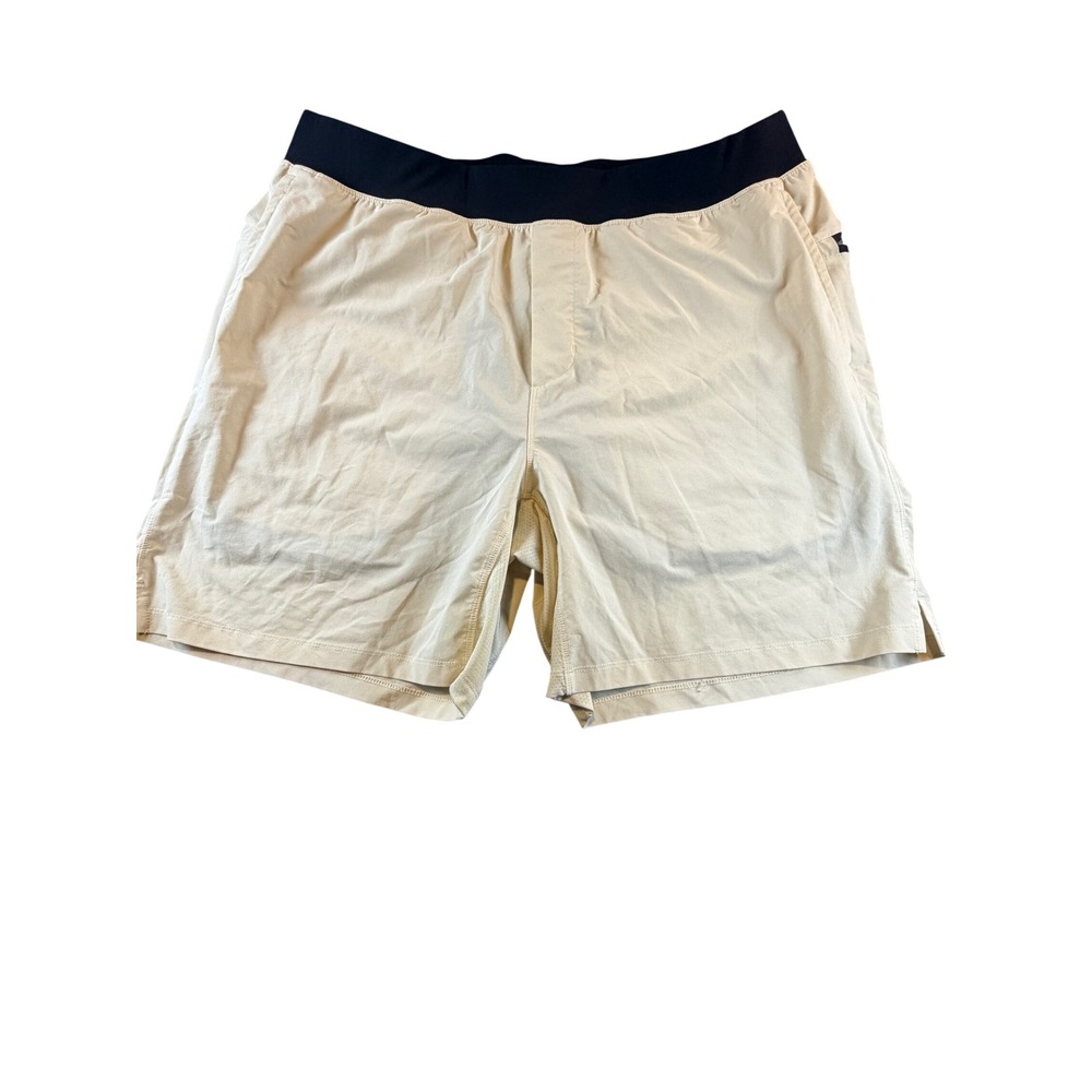 Fabletics Mens Tan Lined Athletic Training Shorts Beige Black Waistband Size XL